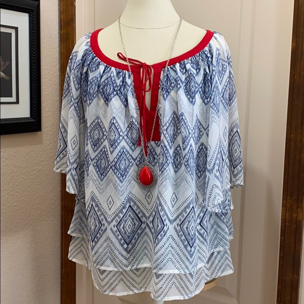 Ariat red white and blue flowy top